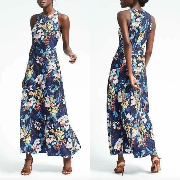 Banana Republic Blue Multicolor Floral Print Sleeveless Maxi Dress Gown - Picture 1 of 6